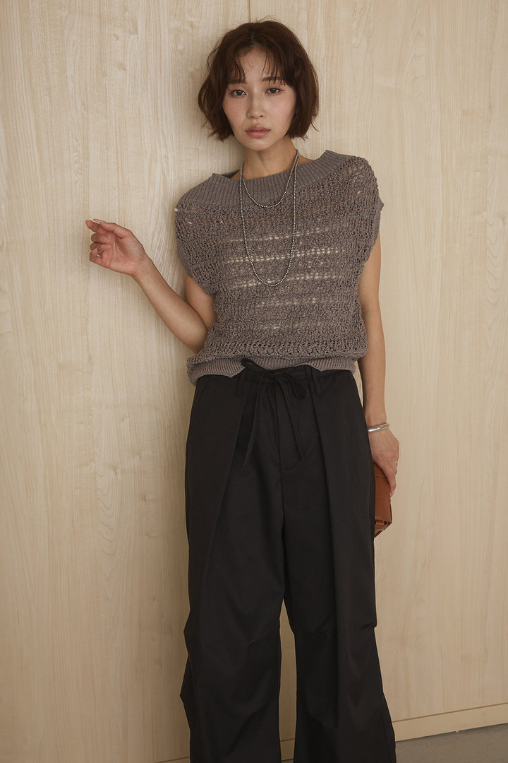 [SET]透かしレース編みフレンチニット+ニーサイドタックウエストドロストパンツ(2set)