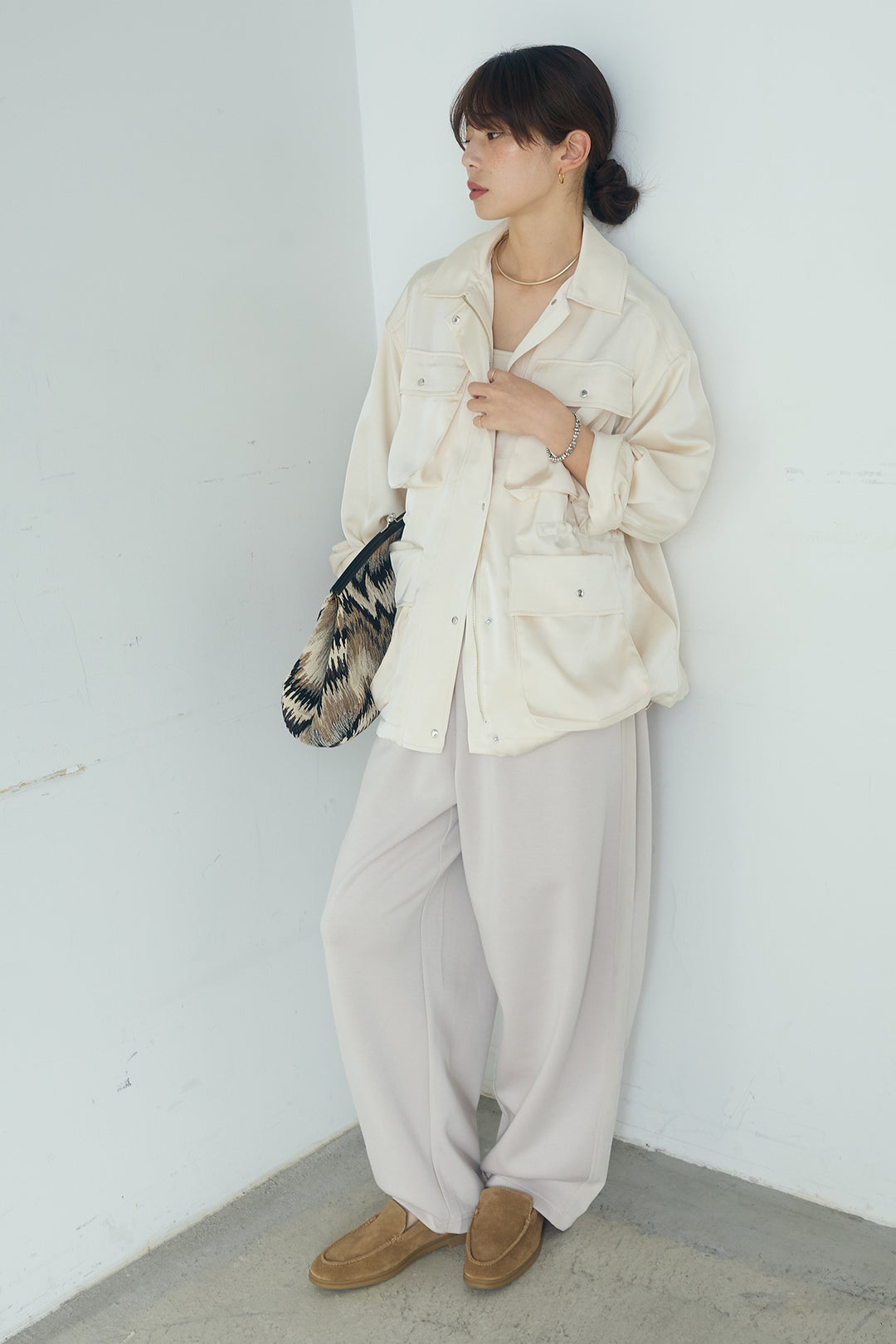 [SET]サテンライトブルゾン+異素材切り替えスウェットパンツ(2set)