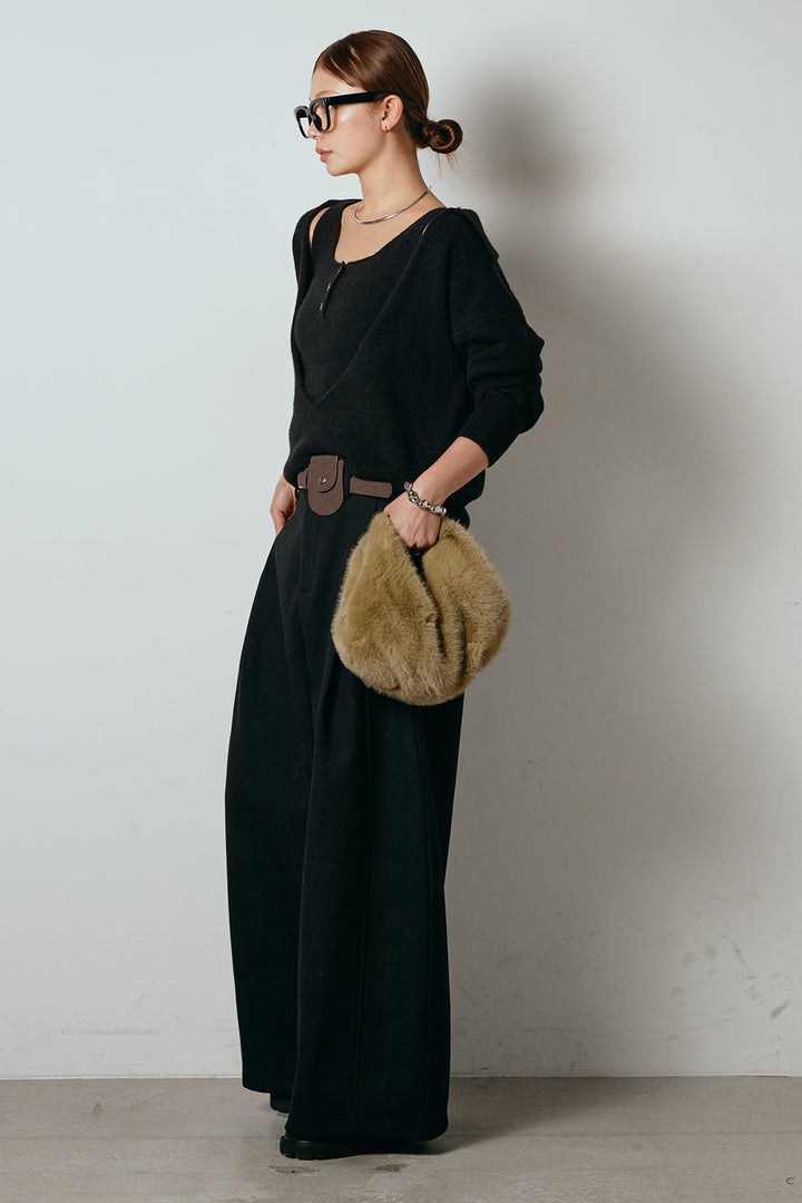 [SET]襟付きレイヤードニットトップス+ポーチベルト付きカーブパンツ(2set)