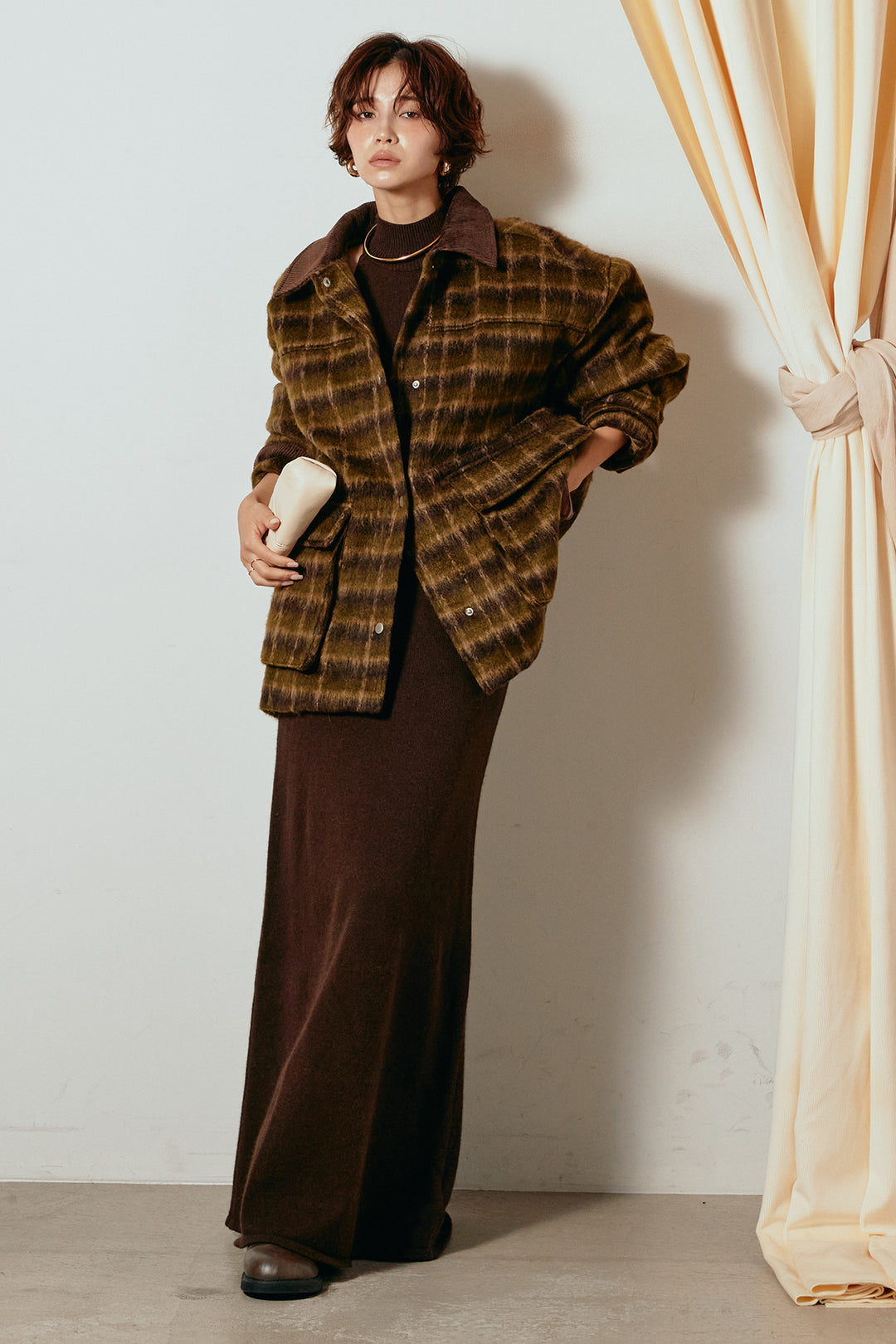 [SET]チェックシャギーミドルカバーオール+ノースリーブニットロングワンピース(2set)