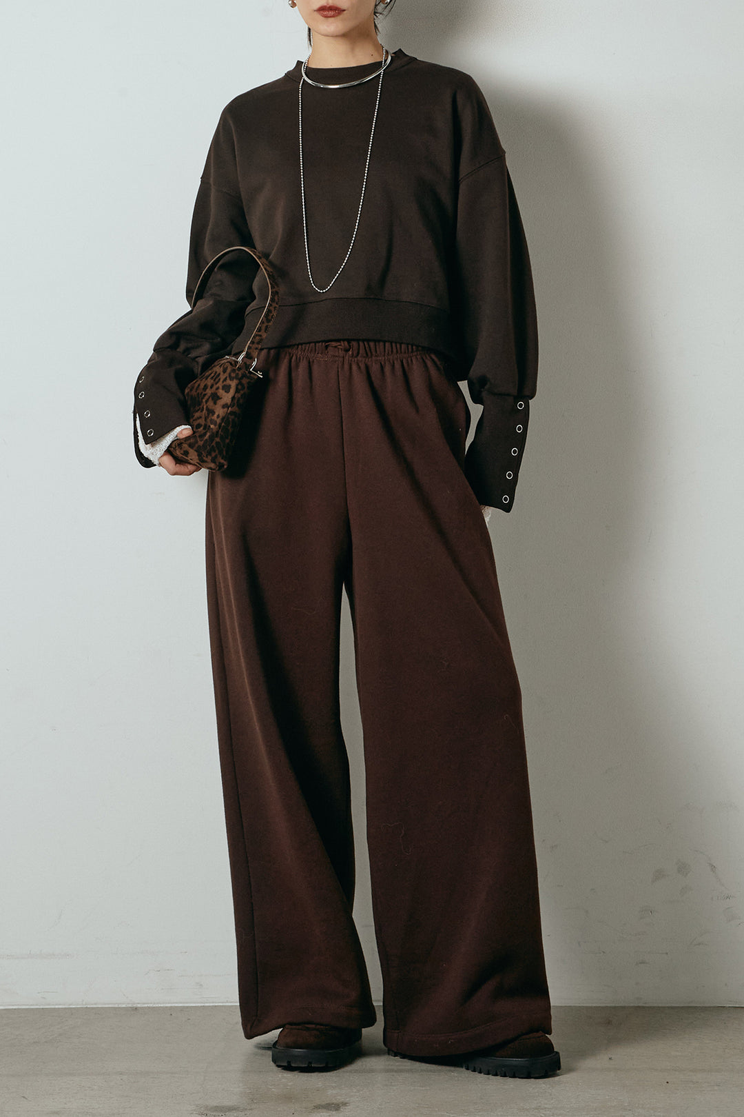 [SET]裏毛バックオープンプルオーバー+ストレッチレースクルーネックインナー+裏起毛スウェットワイドパンツ(3set)