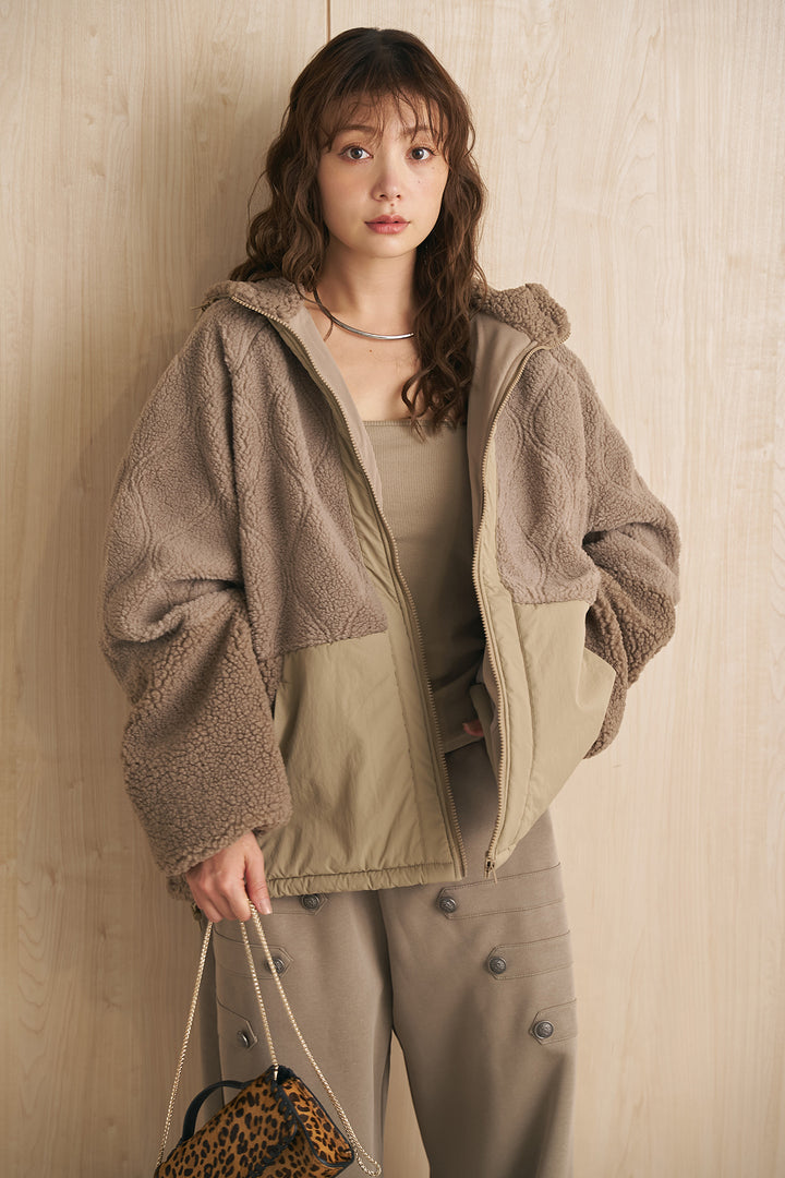 [SET]ボア×ナイロンキルティングフードブルゾン+ナポレオンデザインスウェットカーブパンツ(2set)