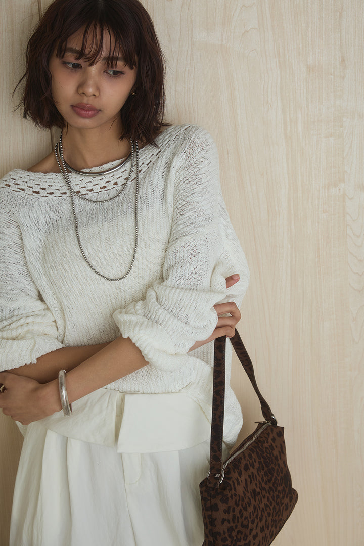 [SET]ネック編みデザインニットトップス+ウエスト折り返しワイドパンツ(2set)