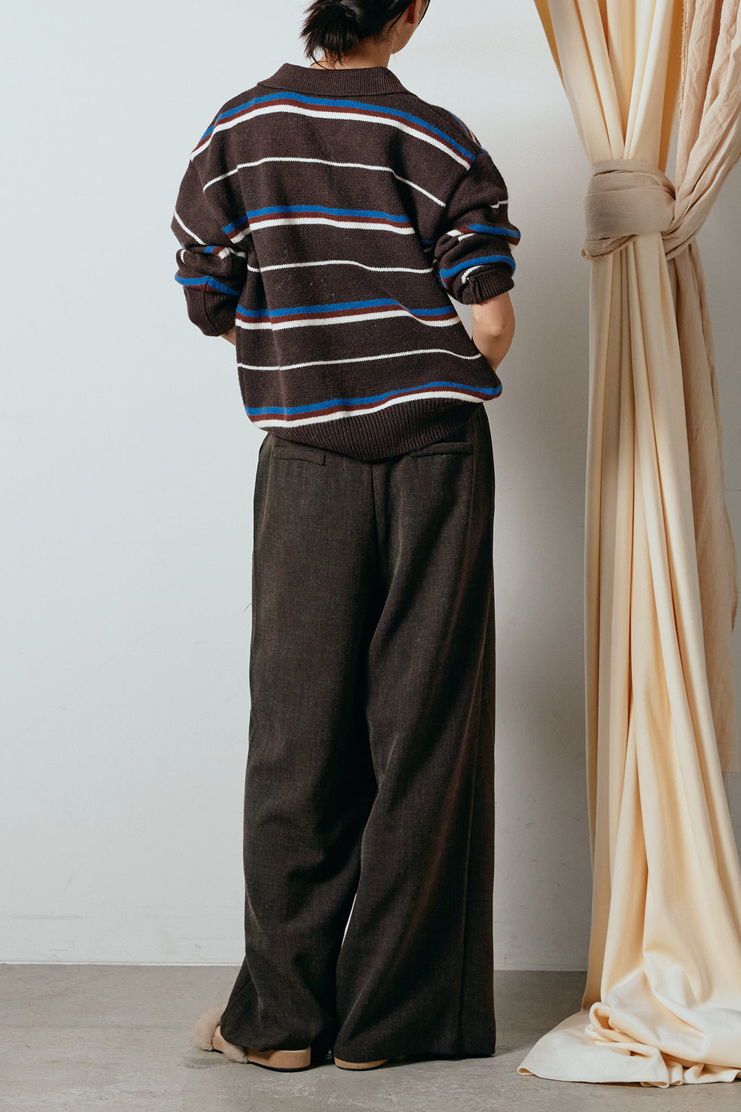 [SET]襟付きマルチボーダーニットポロトップス+ラップ巻きワイドスラックス(2set)