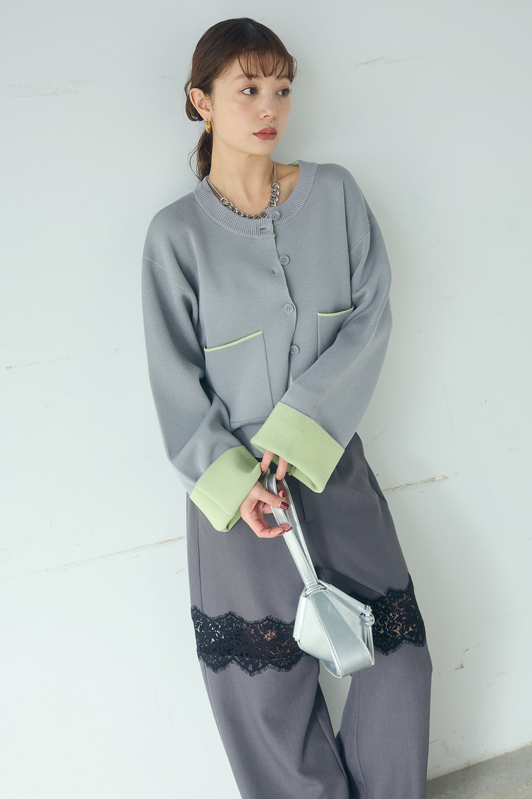 [SET]レーヨンポリダブルフェイスカーディガン+レース刺繍切替ワイドパンツ(2set)