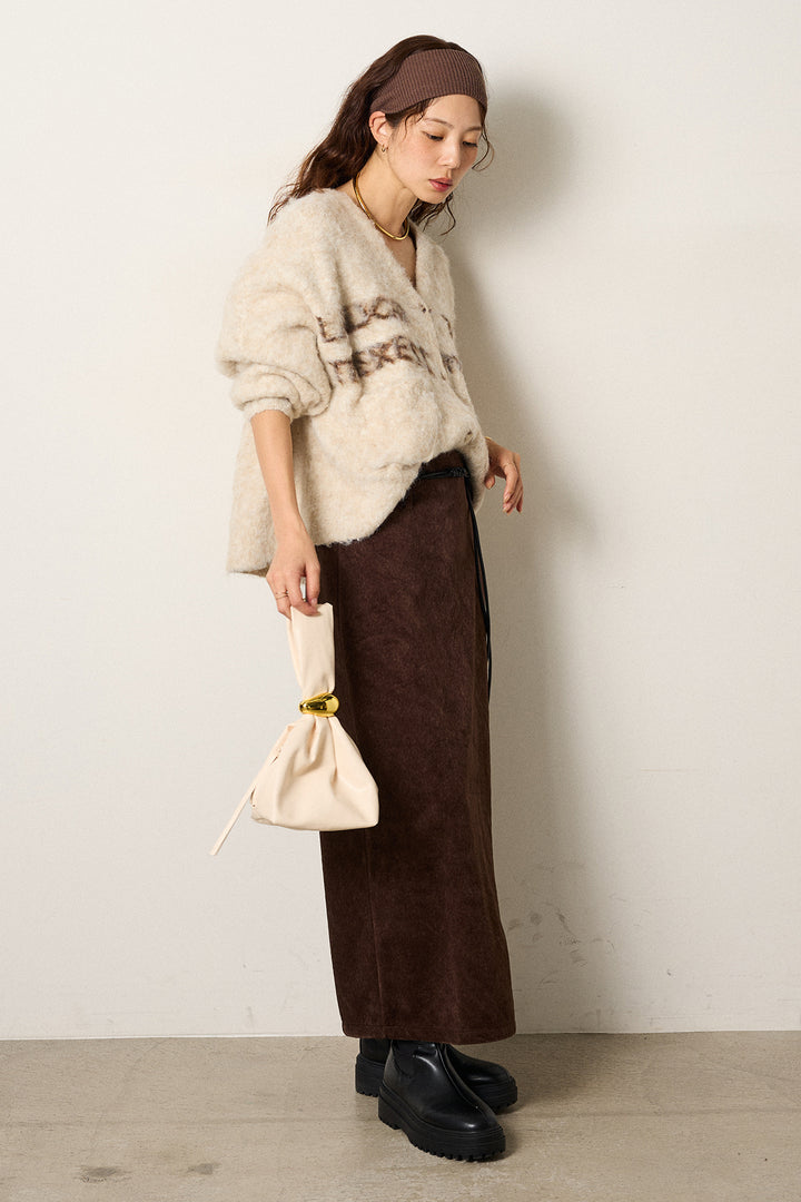 [SET]ウール混透かしロゴニットカーディガン+ロープベルト付きスウェード調スカート(2set)