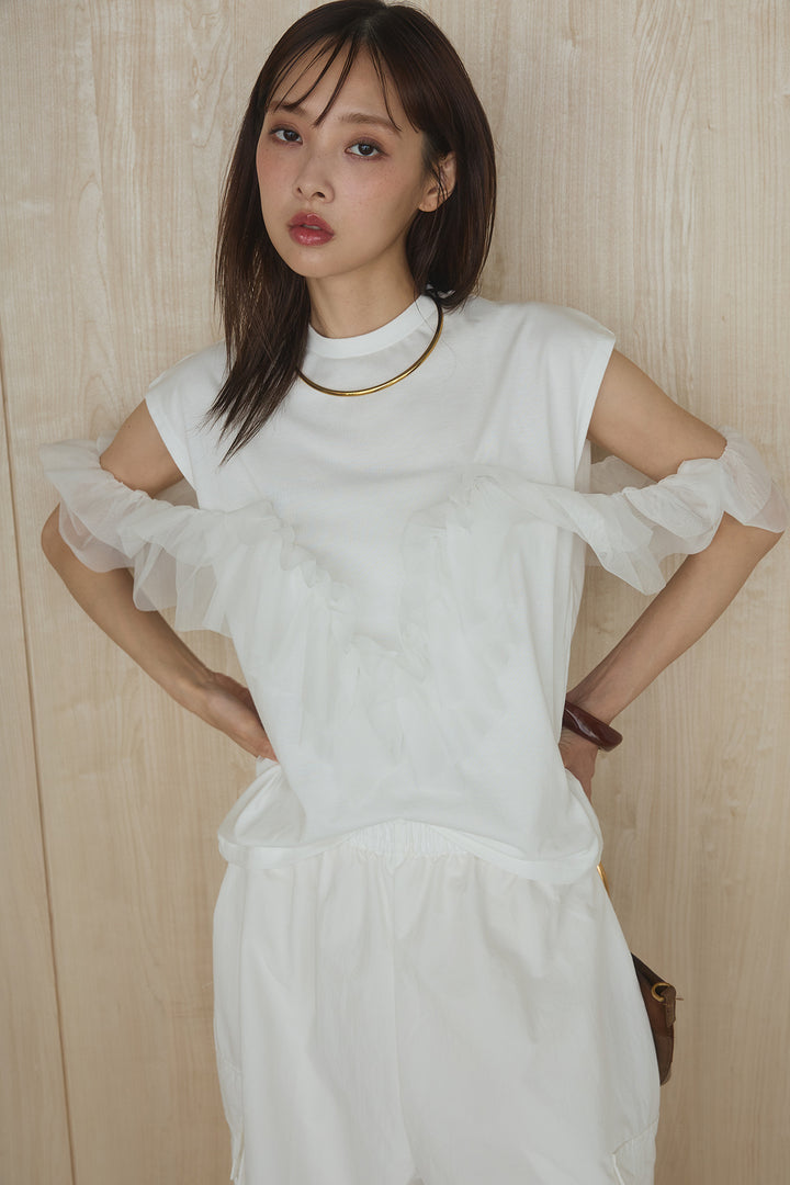 [SET]チュールフリルフレンチTシャツ+ルーズカーゴワイドパンツ(2set)