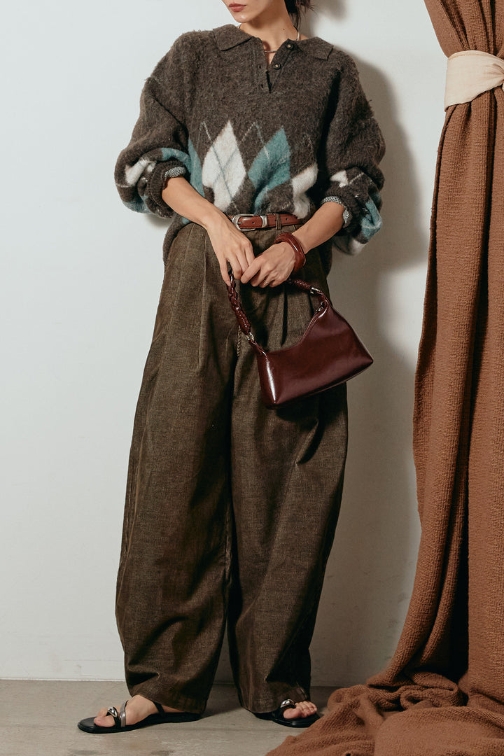 [SET]アーガイル柄ポロニットトップス+フロントタック入りコーデュロイパンツ(2set)