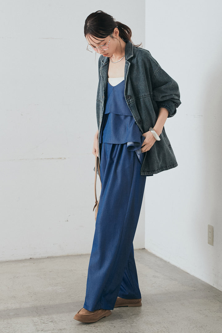 [SET]オーバーデニムジャケット+デニムライクツイルタックパンツ+デニムライクツイルティアードキャミソール(3set)