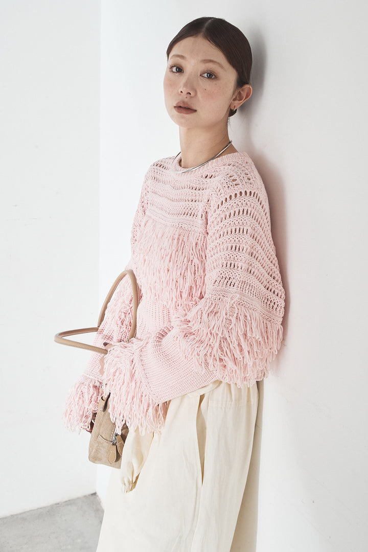 [SET]メッシュフリンジ切り替えプルオーバー+合繊ツイルスタンドウエスト巻きジョガーパンツ(2set)