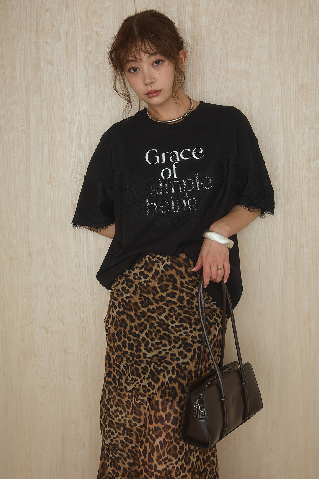 [SET]レースロゴプリントTシャツ+レオパード柄スカート(2set)