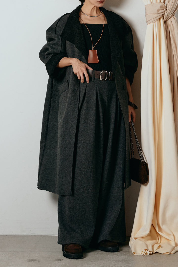 [SET]裏地ボアハイネックロングアウター+フェイクレザー太ベルト付きタックワイドパンツ(2set)