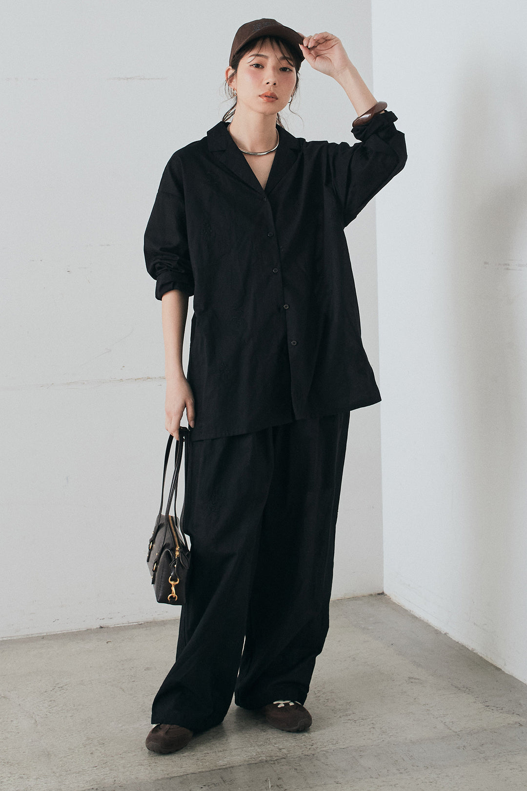 [SET]刺繍ローンオープンカラーシャツ+刺繍ローンタックイージーパンツ(2set)