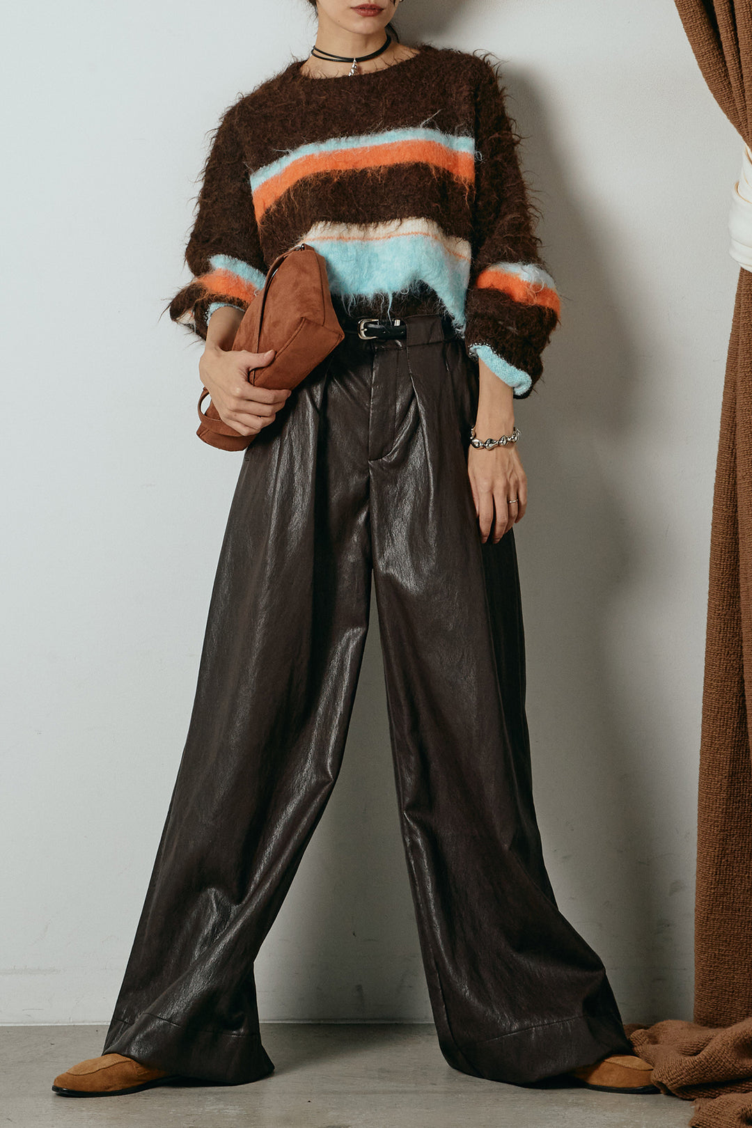 [SET]起毛配色マルチボーダーニットトップス+ベルト付きレザーライクタックパンツ(2set)