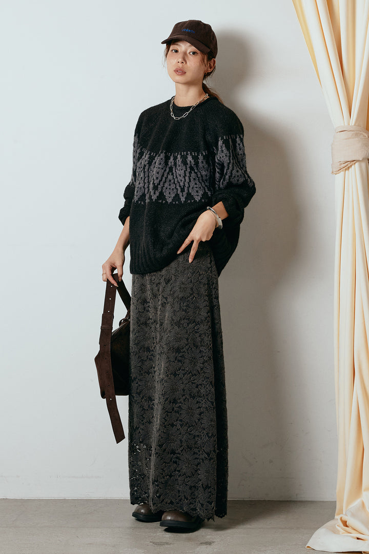 [SET]モノトーン柄ニットトップス+花柄刺繍ベロアフレアスカート(2set)