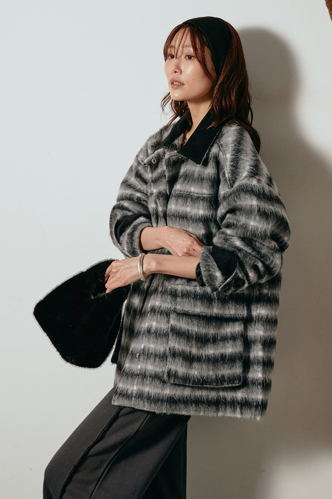 [SET]チェックシャギーミドルカバーオール+フロントラインデザインワイドスウェットパンツ(2set)