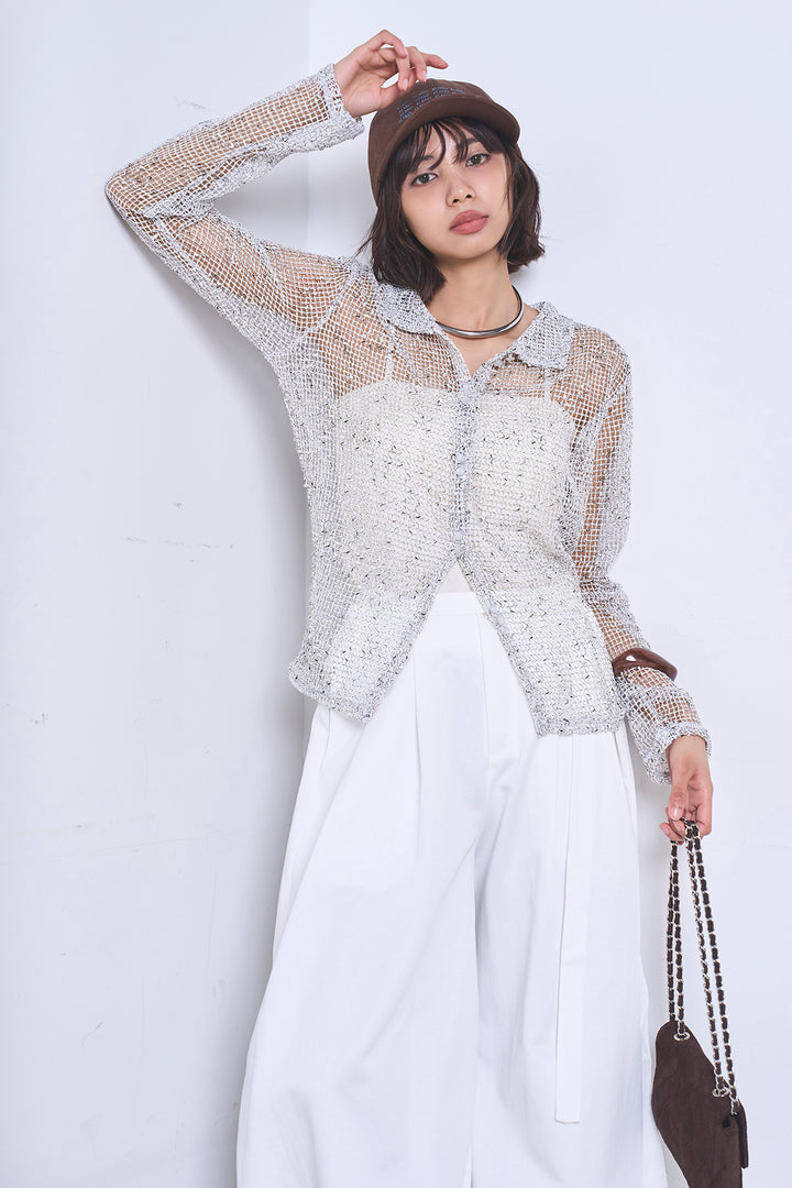 [SET]ネップメッシュポロ襟カーディガン+紐ベルト付きカーブワイドパンツ(2set)