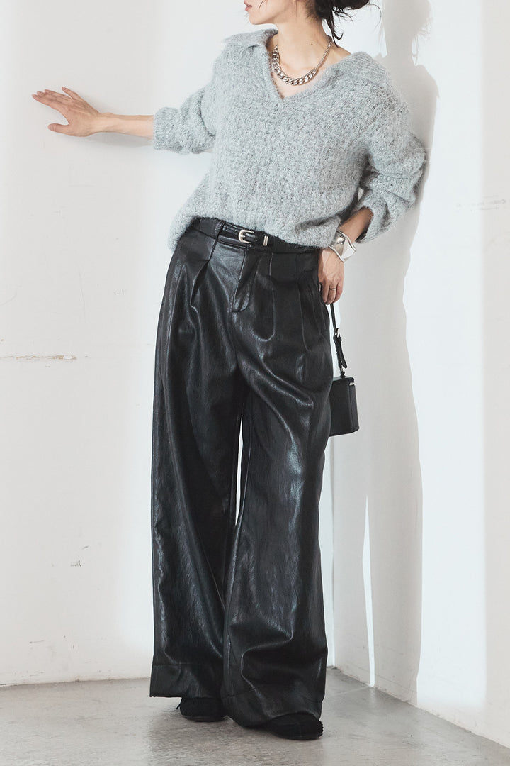 [SET]襟付きVネックニットトップス+ベルト付きレザーライクタックパンツ(2set)