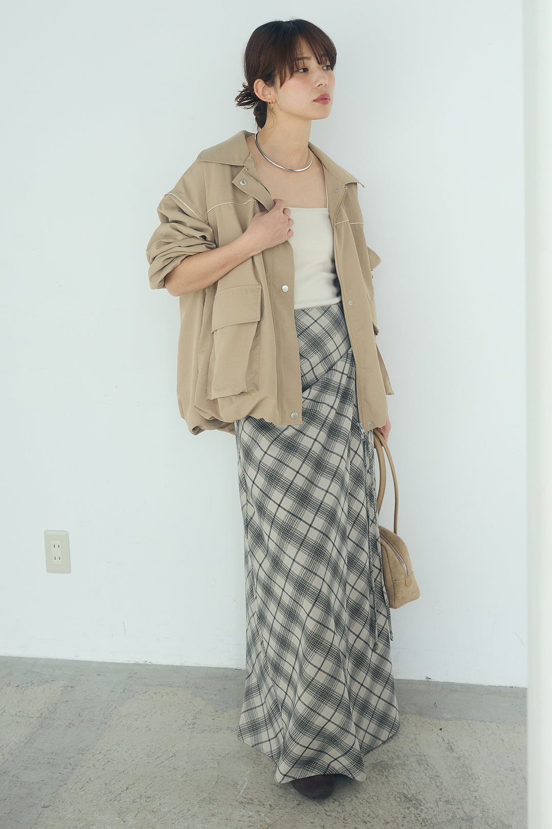 [SET]合繊ツイルバルーンジャケット+タータンチェック柄フロントデザインスカート(2set)