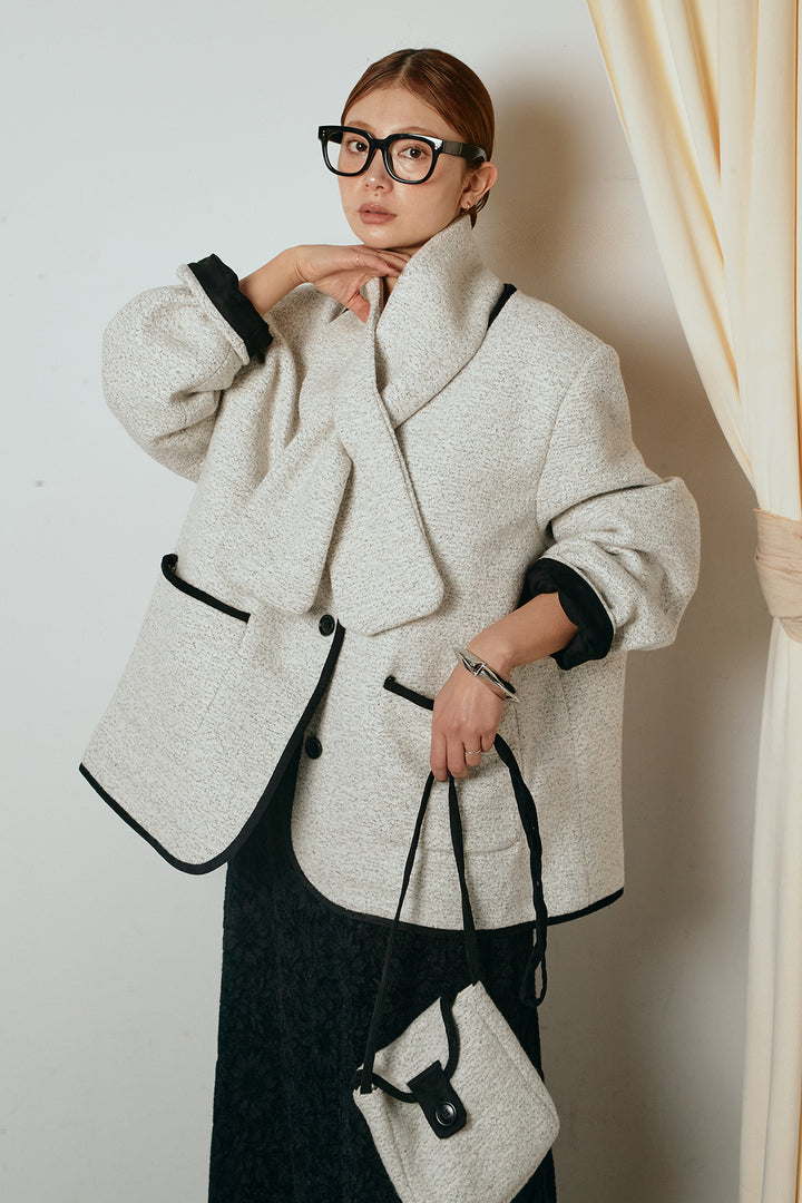 [SET]ノーカラーマフラーバッグ付きアウター+花柄刺繍ベロアフレアスカート(2set)