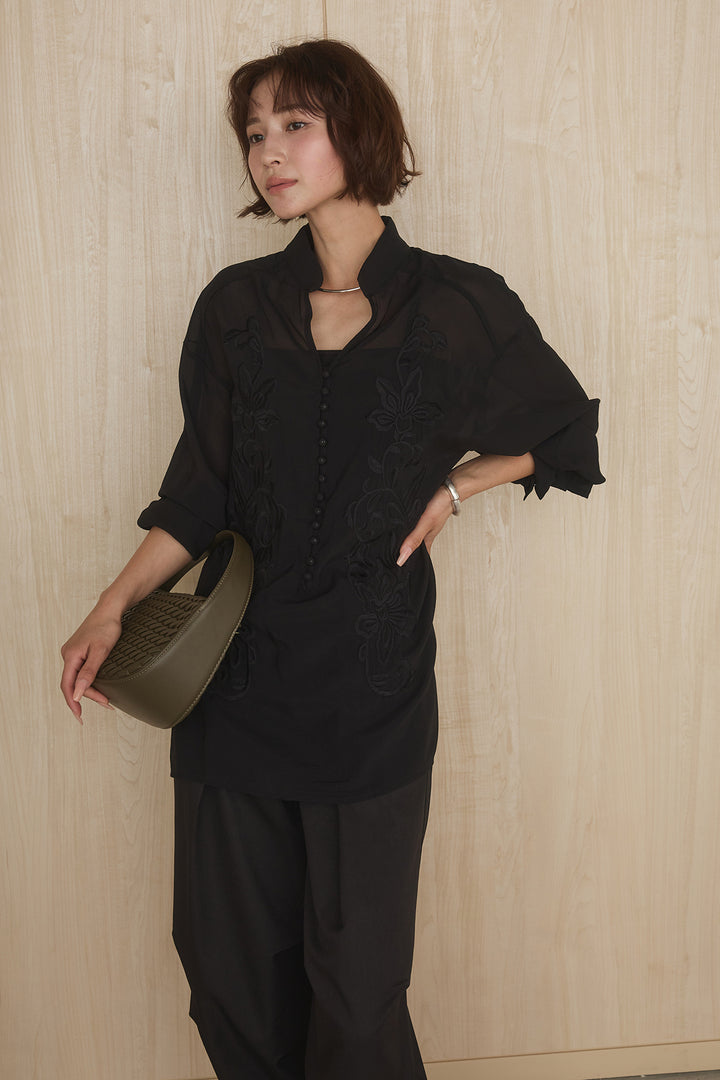 [SET]フロントボタンニュアンス柄ブラウス+ニーサイドタックウエストドロストパンツ(2set)