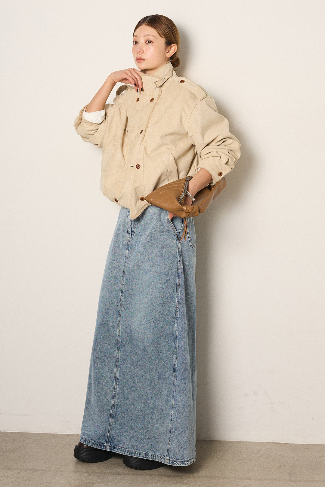 [SET]スタンド襟スウェードライクアウター+デニムロングフレアスカート(2set)