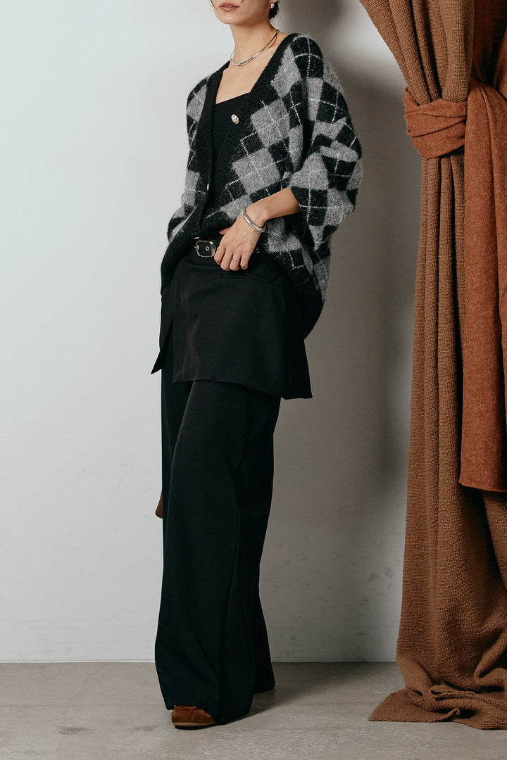[SET]オーバーサイズ総柄Vネックニットカーディガン+ベルト付きウエストデザインパンツ(2set)