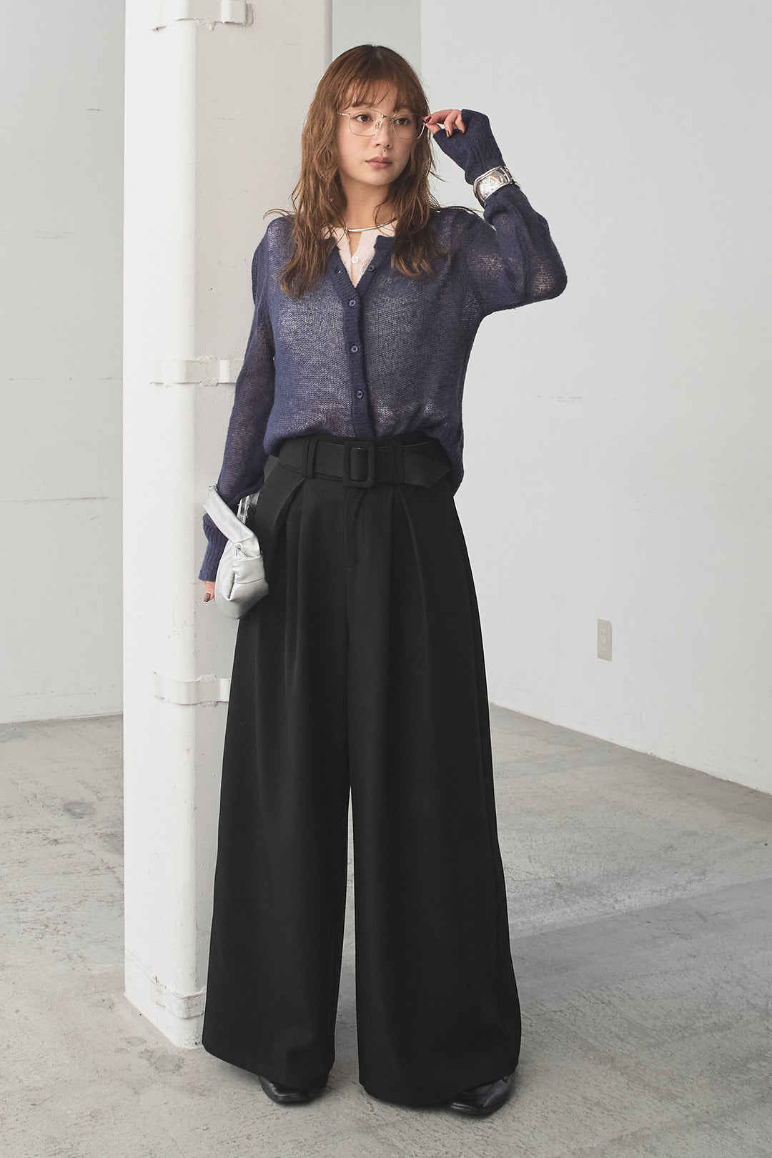 [SET]モヘア透かし編みレイヤードアンサンブルセット+ベルト付きツータックワイドパンツ(2set)