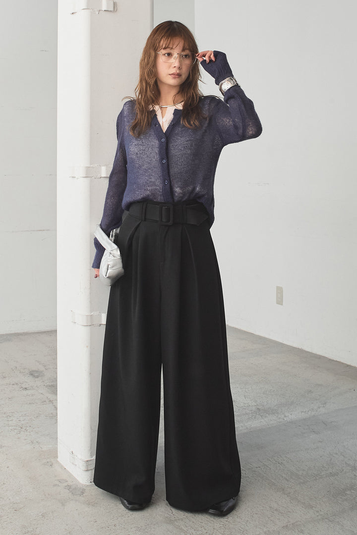 [SET]モヘア透かし編みレイヤードアンサンブルセット+ベルト付きツータックワイドパンツ(2set)