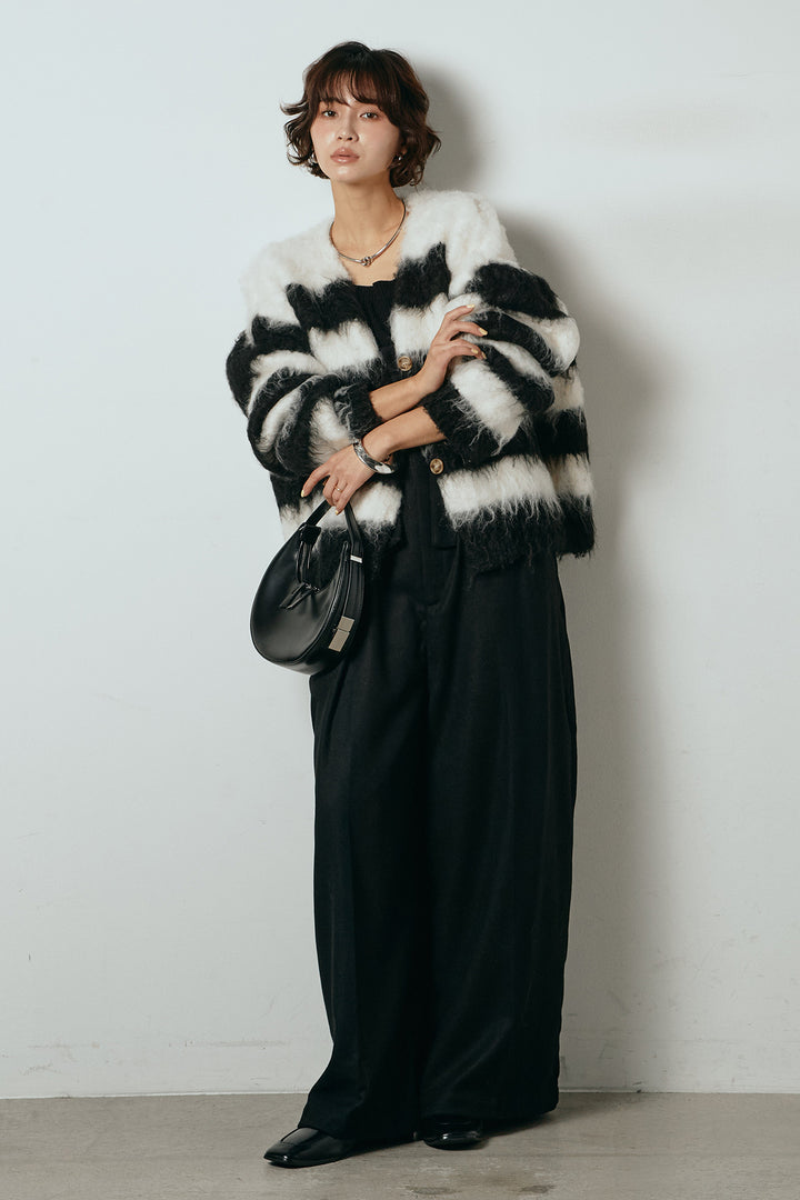 [SET]シャギーボーダー柄ニットカーディガン+ウール混フランネルワイドサロペット(2set)