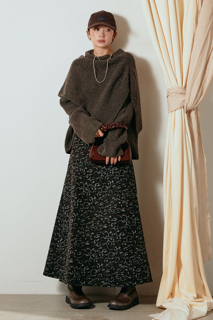 [SET]ケープデザインリブニットトップス+レオパードロングスカート(2set)