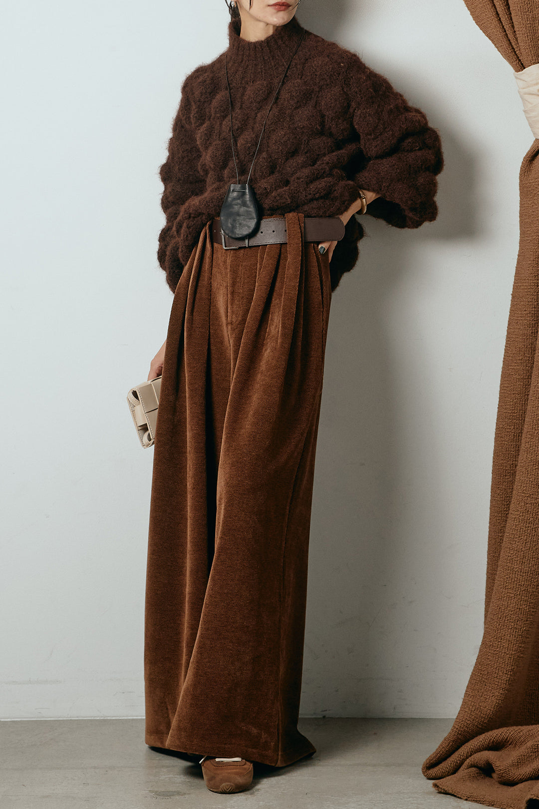 [SET]ボリュームポップコーンニットトップス+ベルトループコーデュロイワイドパンツ(2set)