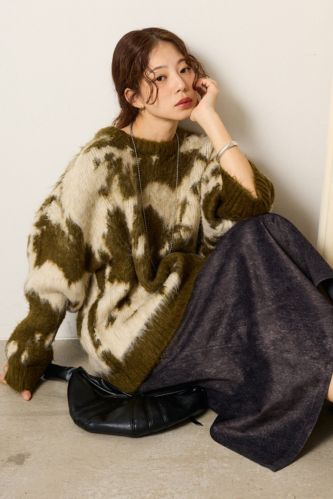 【着回しセット】[SET]モヘアタッチマーブルニット+モヘアタッチマーブルニット+ロープベルト付きスウェード調スカート(3set)