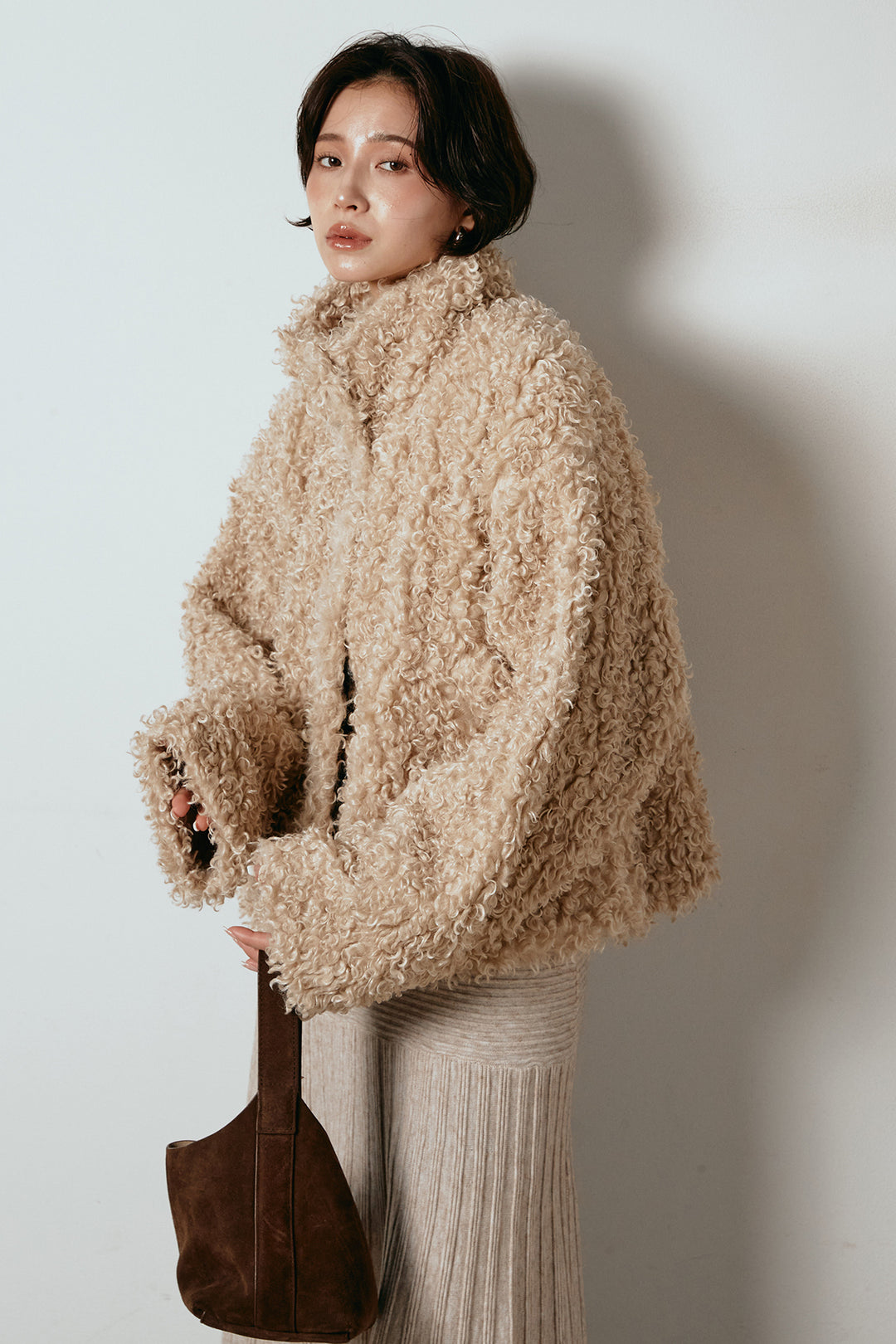 [SET]プードルファーミドルジャケット+編み地切り替えフレアニットスカート(2set)