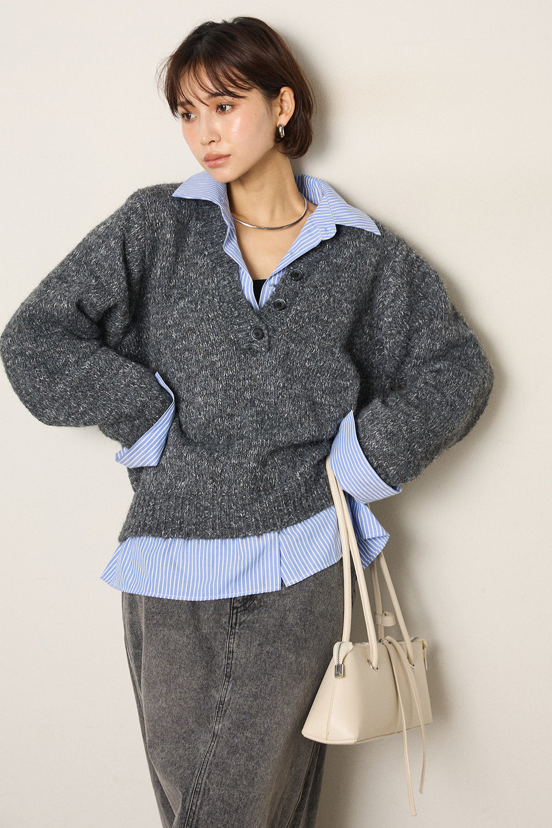 [SET]ストライプシャツドッキングニットポロトップス+デニムロングフレアスカート(2set)