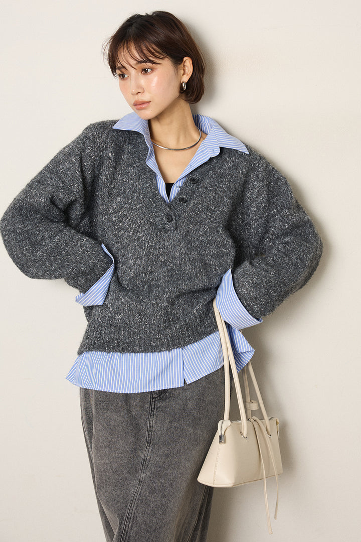 [SET]ストライプシャツドッキングニットポロトップス+デニムロングフレアスカート(2set)