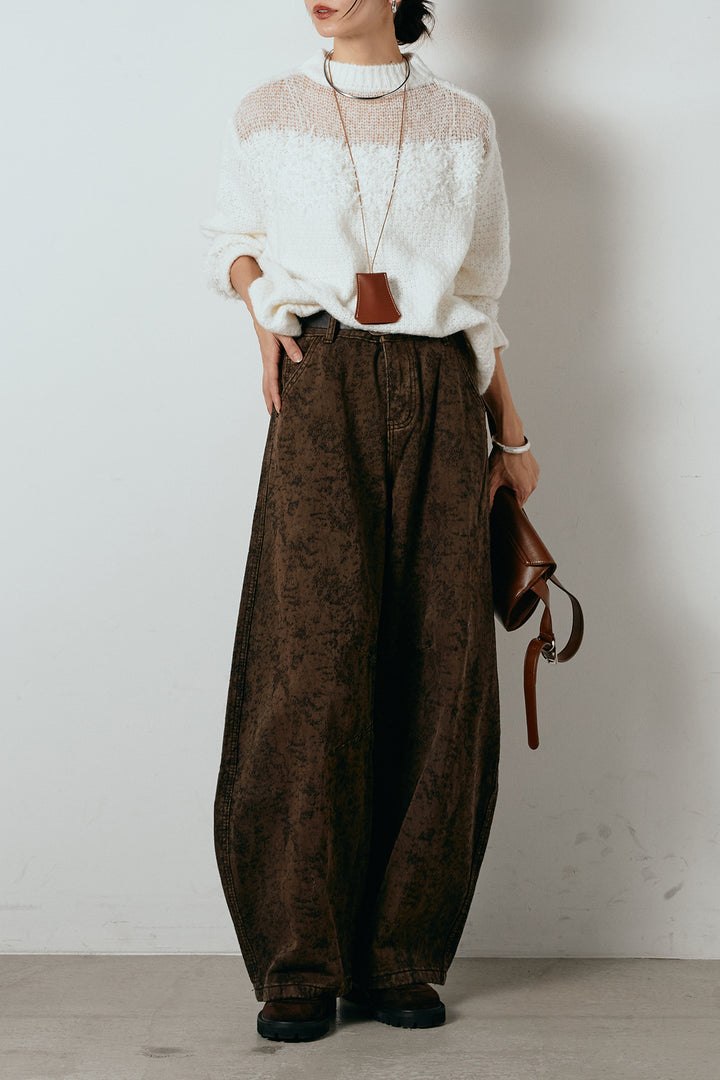 [SET]パターンランダム編みニットトップス+ベルト付きニュアンス柄カーブワイドパンツ(2set)