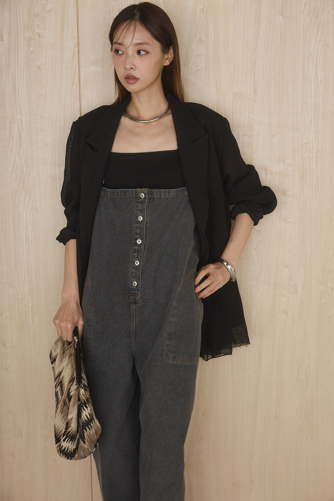 [SET]メッシュテーラードワイドジャケット+フロントボタンデニムサロペット(2set)