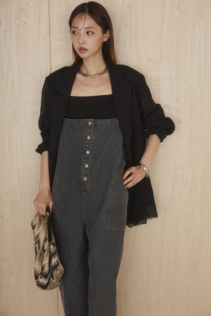 [SET]メッシュテーラードワイドジャケット+フロントボタンデニムサロペット(2set)