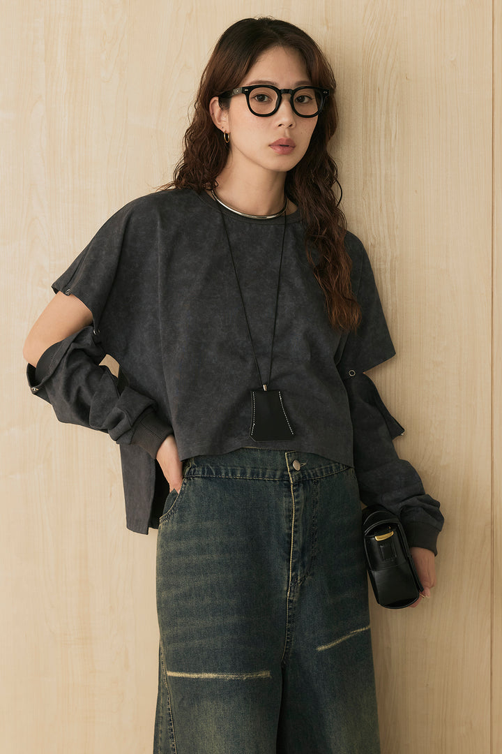 [SET]セパレートフェードTシャツ+ランダムダメージデニムワイドパンツ(2set)
