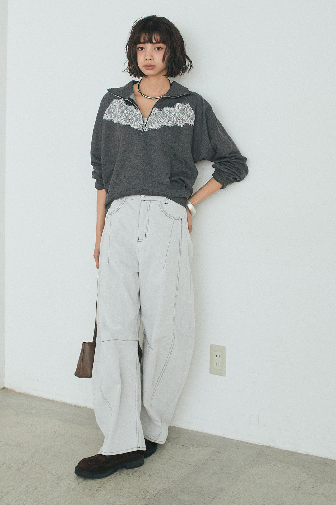 [SET]リバーレースハーフジップ裏毛スウェット+ツイル配色ステッチバレルパンツ(2set)