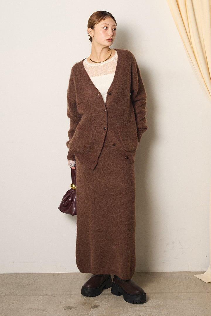 [SET]丸ボタン起毛ニットカーディガン+起毛ニットロングスカート+ストレッチレースクルーネックプルオーバー(3set)