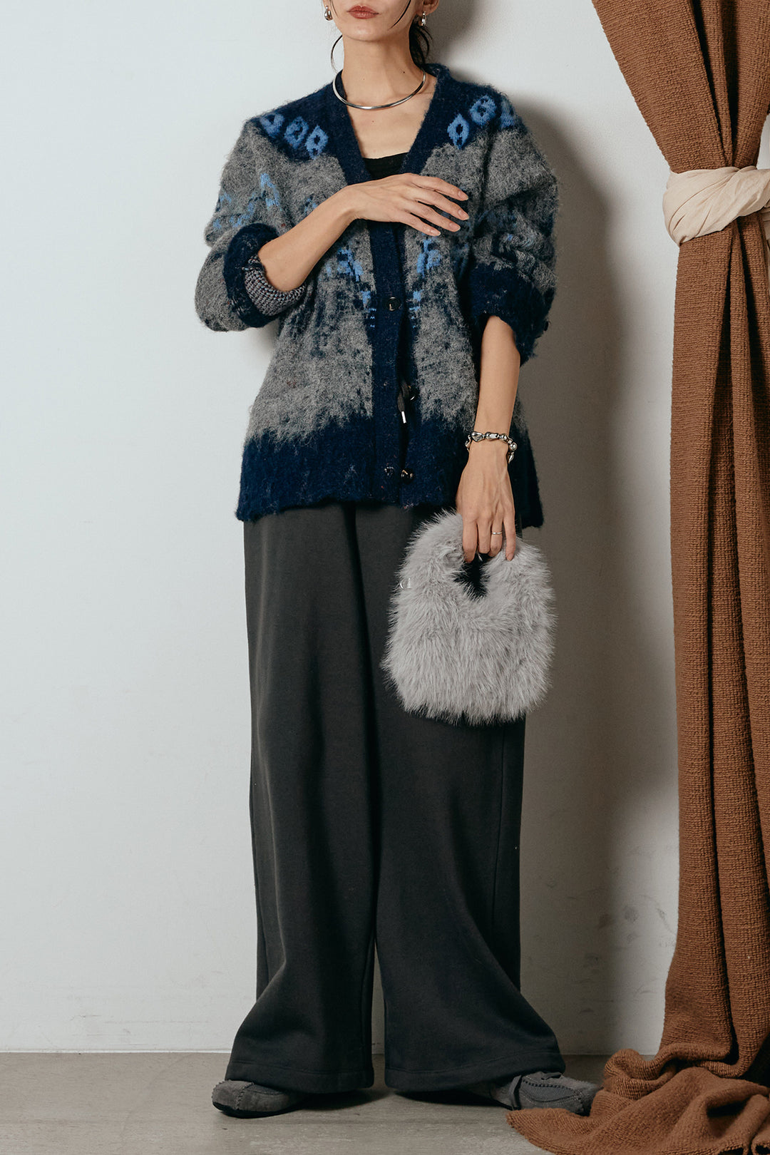 [SET]シャギーニュアンス柄ニットカーディガン+裏起毛スウェットワイドパンツ(2set)