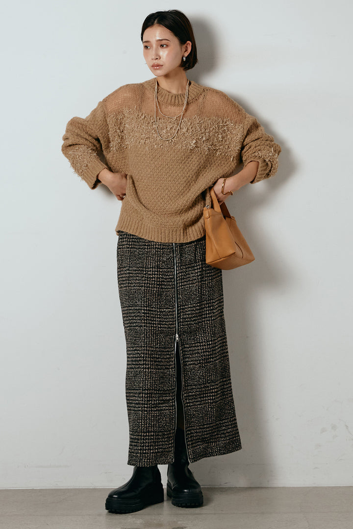 [SET]パターンランダム編みニットトップス+グレンチェック柄フロントジップタイトスカート(2set)