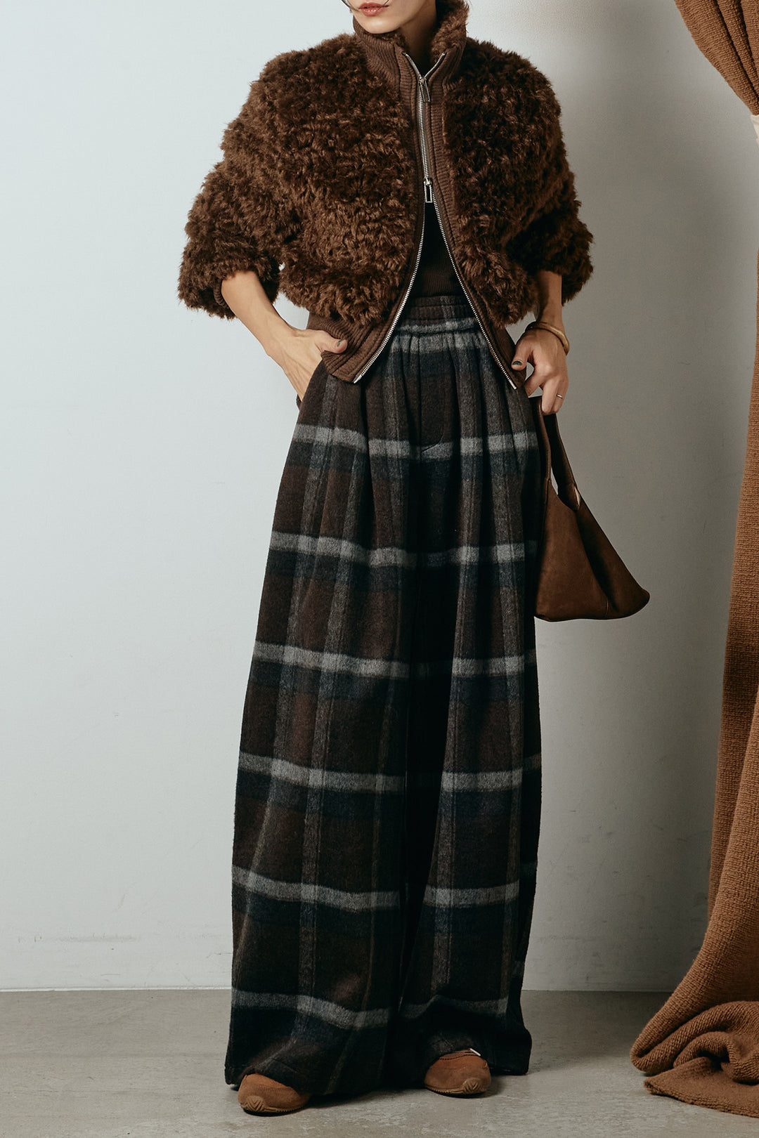 [SET]ハイネックショート丈ボアジップブルゾン+起毛タータンチェック柄ワイドパンツ(2set)