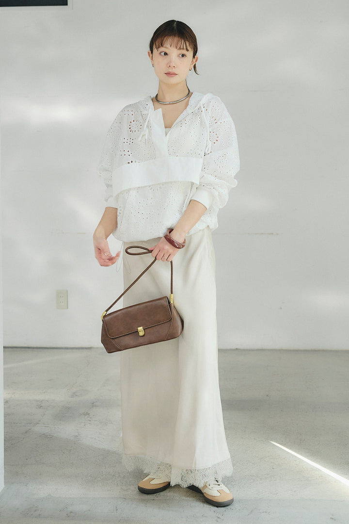 [SET]レースハーフジップアップフーディー+バイアスナローサテンスカート(2set)