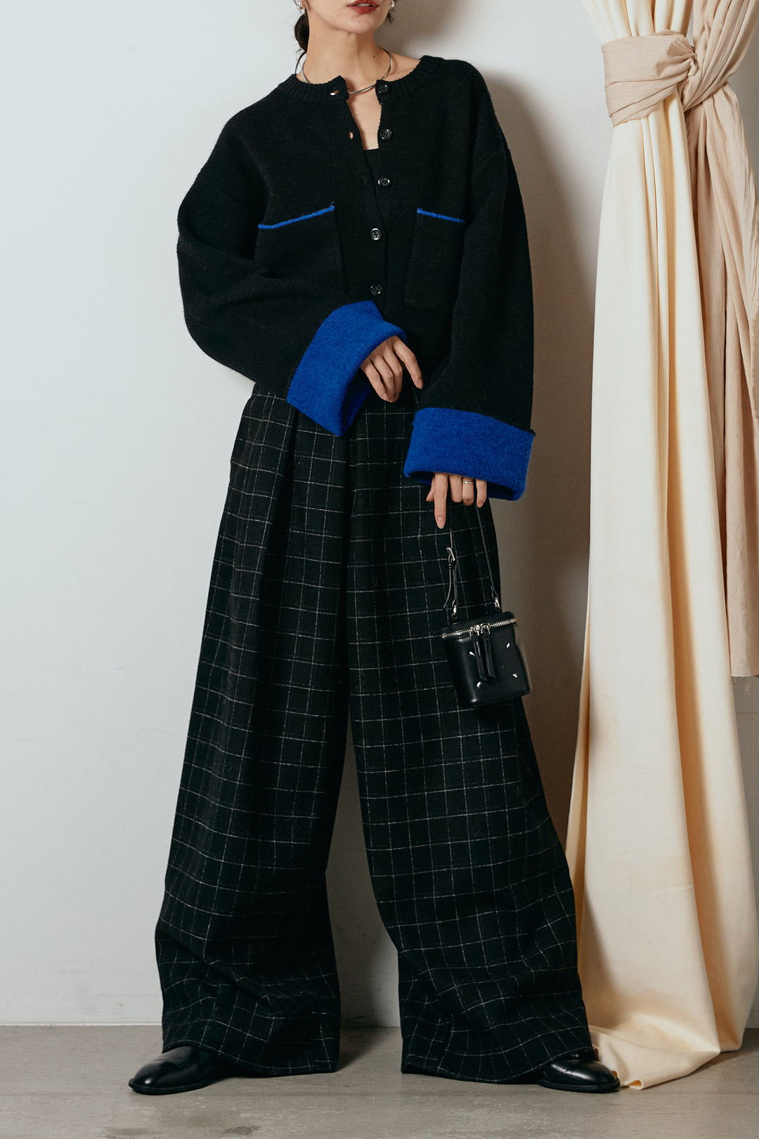 [SET]アルパカタッチダブルフェイスカーディガン+ウールライクチェックタックパンツ(2set)