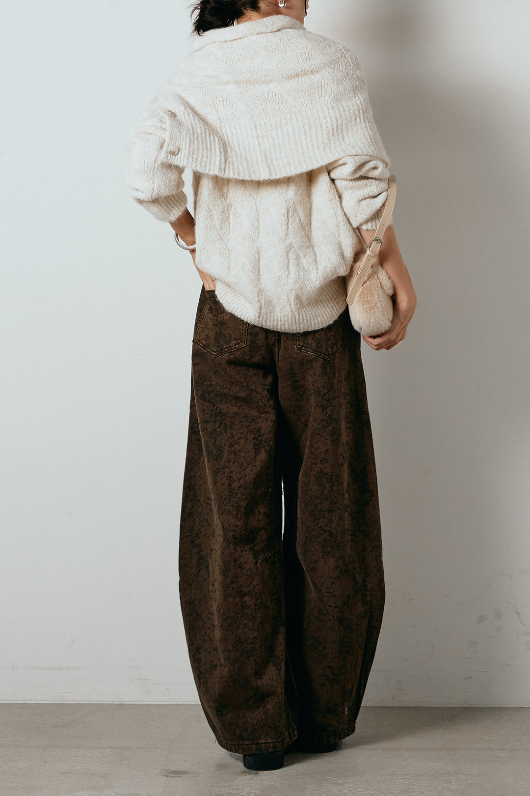 [SET]ケープデザインケーブルニットトップス+ベルト付きニュアンス柄カーブワイドパンツ(2set)