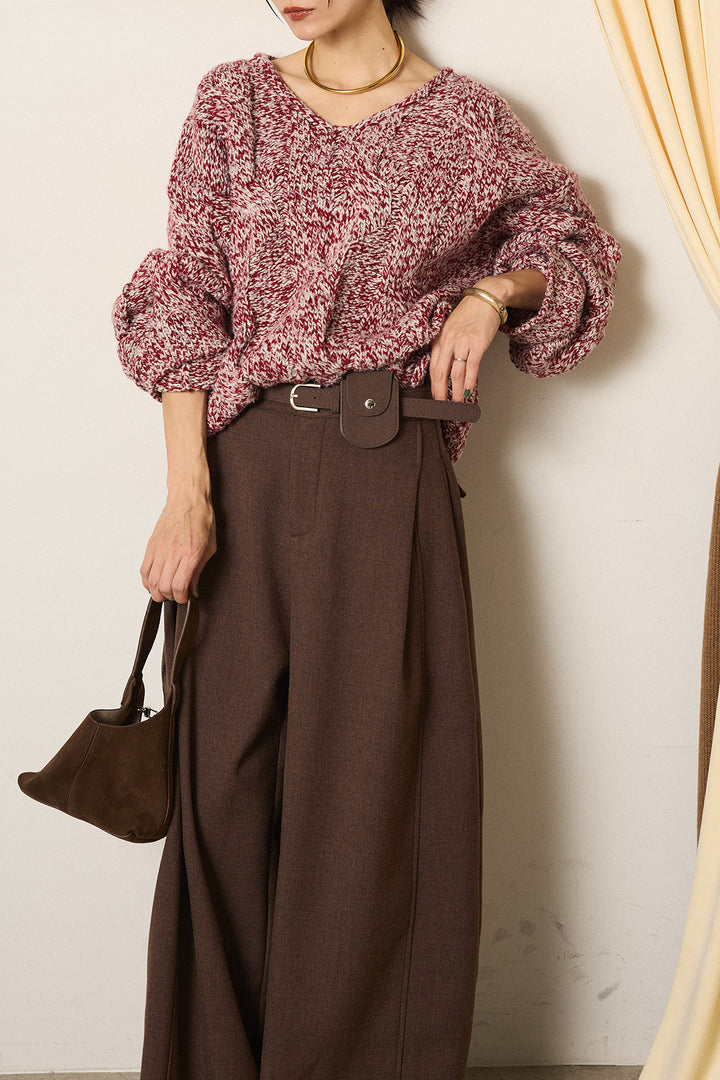 [SET]Vネックミックス編みニットトップス+ポーチベルト付きカーブパンツ(2set)