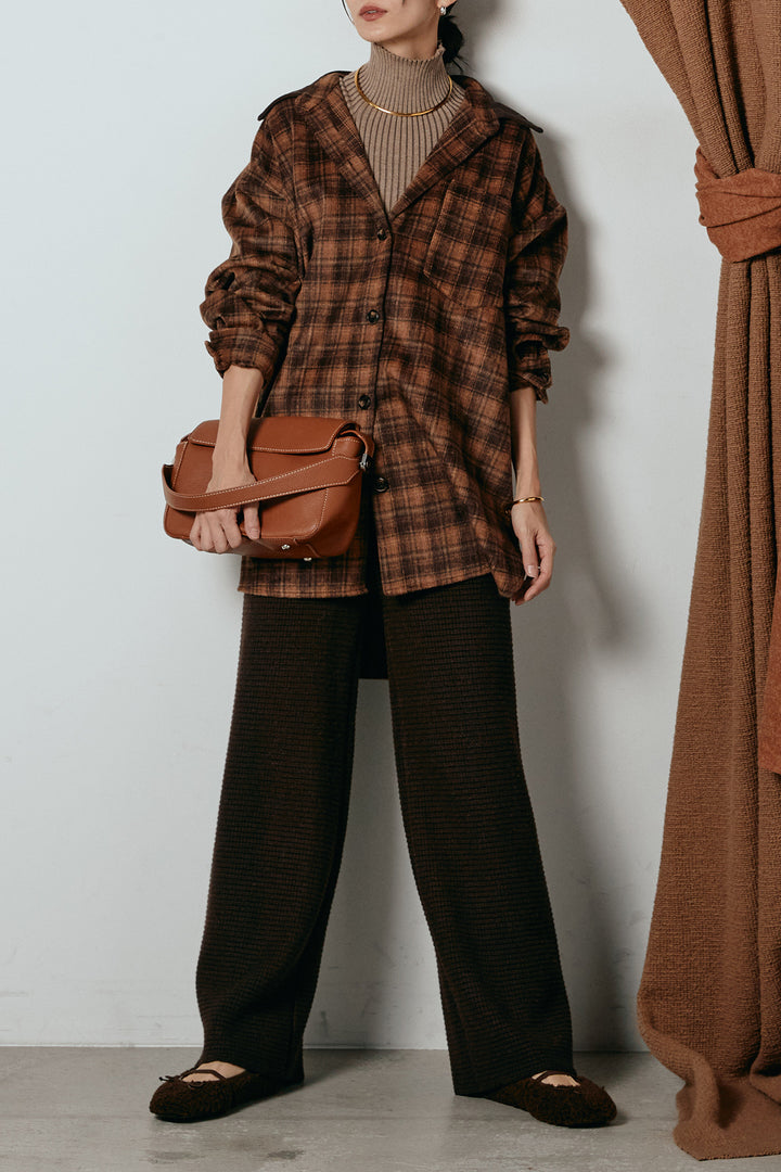 [SET]シャギーチェックシャツジャケット+ワイドリブニットイージーパンツ(2set)